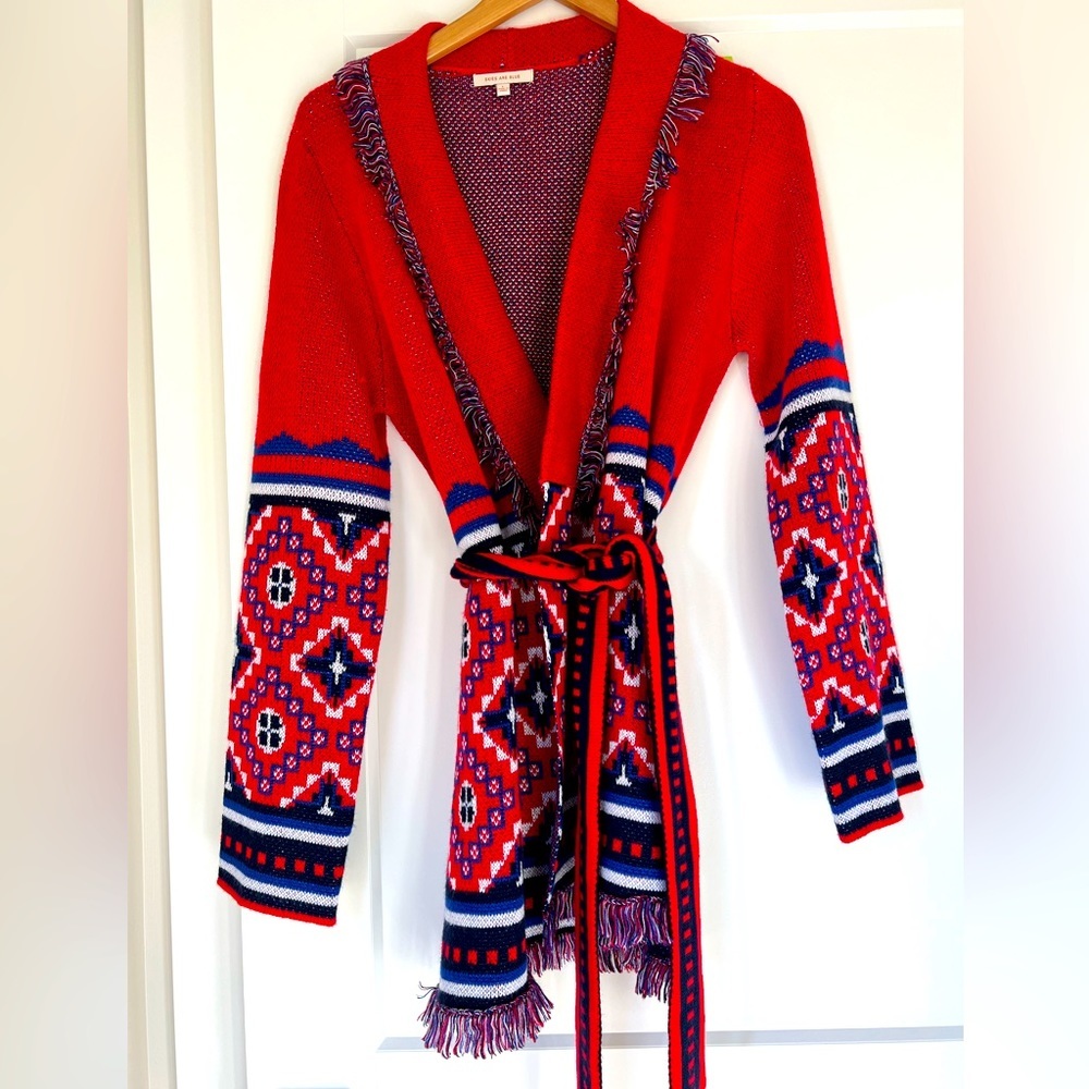 Anthropologie Skies are Blue Sweater Wrap Jacket with Fringe and Belt Tie / LG